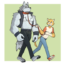 abs anthro anthro_on_anthro barefoot bdsm belt border bottomwear bracelet claws clothed clothing collar countershading denim denim_bottomwear denim_clothing duo feet footwear fur green_background interspecies jeans jewelry leash leash_pull looking_at_another male male/male muscular muscular_anthro muscular_male narrowed_eyes navel open_clothing open_topwear open_vest pants pawpads pecs petplay plantigrade roleplay shirt shoes simple_background size_difference topwear tuft vest walking white_border jrjresq canid canine canis domestic_cat domestic_dog felid feline felis mammal 1:1 2021 hi_res