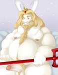 anthro asgore_dreemurr balls beard belly_hair blonde_hair body_hair boss_monster_(undertale) bovid caprine chest_hair claws conditional_dnp crown digital_media_(artwork) erection facial_hair frots fur genitals goat hair hand_on_leg hand_on_thigh hand_on_weapon headgear horn humanoid_genitalia humanoid_penis long_ears long_hair looking_at_viewer magic_user male mammal melee_weapon muscular muscular_anthro muscular_male nipples overweight overweight_anthro overweight_male penis pillow polearm pubes red_eyes simple_background smile solo trident undertale undertale_(series) weapon