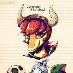 anthro bald big_pupils biped bone_frill clothed clothed_anthro clothed_female clothing fake_horns female frill_(anatomy) front_view green_clothing green_topwear grey_hair hair long_hair looking_at_viewer orange_body pattern_background pupils puppet red_eyes red_hair sharp_teeth simple_background smile smirk solo striped_background teeth text topwear yellow_body by:_muun cavemanon_studios goodbye_volcano_high ko_op_(game_developer) puppet_pals snoot_game anon_(snoot_game) fan_character fang_(gvh) schizo_chan_(snoot_game) compsognathid compsognathus dinosaur human mammal prehistoric_species pterodactylus pterosaur reptile saurischian scalie theropod 1:1 2025 absurd_res artist_name character_name colored english_text headshot_portrait hi_res portrait shaded