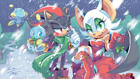 ambiguous_gender anthro boots breasts clothed clothing eyeshadow female footwear gloves group half-closed_eyes handwear high_heeled_boots high_heels kiss_mark makeup male narrowed_eyes scarf shoes snow wings winter ziggyfin sega sonic_the_hedgehog_(series) rouge_the_bat shadow_the_hedgehog bat chao_(sonic) eulipotyphlan hedgehog mammal 2015 absurd_res hi_res signature