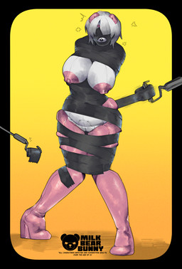 angry anthro arms_tied bdsm black_border blindfold bondage border bound breasts cross-popping_vein duct_tape female female_anthro gag genitals gradient_background hands_behind_back high_heeled_feet knock-kneed legs_tied living_sex_toy machine nipples orange_background pink_body simple_background solo standing tape tape_blindfold tape_bondage tape_gag vulva white_body yellow_background milkbearbunny synthia_(milkbearbunny) bear giant_panda living_sex_doll living_toy mammal robot robot_anthro hi_res