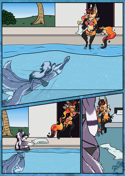 anthro bed bikini breasts building clothing duo female female/female flirting furniture heart_symbol house multi_arm multi_limb multi_tail nipples plant poolside swimming swimming_pool swimwear tail towel tree two-piece_swimsuit undressing wings arwenscoots conditional_dnp arthropod canid canine canis fox hybrid mammal wolf comic hi_res