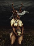 accessory anthro antlers areola black_bars braided_hair breasts brown_body brown_fur detailed_background dramatic_lighting female field field_background flower front_view fur grass hair hair_accessory holding_object horn jewelry milk milk_container milk_jar nipples nude nude_anthro nude_female plant solo thunder molvno deer mammal new_world_deer reindeer digital_media_(artwork) letterbox