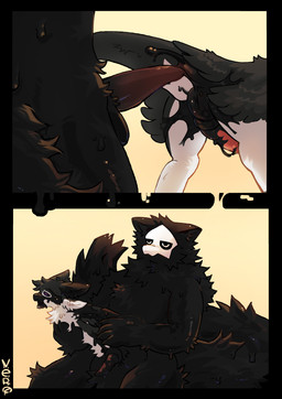 2_panel_comic 4_ears 5_fingers after_anal after_sex anal anal_penetration animal_genitalia animal_penis anthro anthro_on_anthro anthro_penetrated anthro_penetrating anthro_penetrating_anthro anthro_penetrating_male anus arm_grab assimilation balls bent_over big_anus big_balls big_penis big_tail biped black_anus black_balls black_body black_cum black_feathers black_fur black_genitals black_hair black_latex black_penis black_sclera black_tail black_tongue blush bodily_fluids bone bone_mask butt casual_sex chair_position chest_tuft claws clothing colored_cum countershading crotch_shot cum cum_drip cum_in_ass cum_inside digitigrade dominant dominant_male dripping duo ejaculation enjoying erection facial_tuft feathered_wings feathers fingers fluffy fluffy_tail forked_tongue from_behind_position fucked_silly fur genital_fluids genital_slit genitals glistening glistening_body glistening_fur goo_drip goo_transformation grabbing hair holding_another humanoid_genitalia knot knotted_penis knotted_tapering_penis larger_anthro larger_dom larger_male latex latex_transformation liquid_latex long_tail looking_at_viewer looking_pleasured male male/male male_anthro male_on_anthro male_penetrated male_penetrating male_penetrating_anthro male_penetrating_male mask melting merge_transformation merging mid_transformation monotone_body monotone_fur mouthless multi_ear multicolored_body multicolored_fur muscular muscular_male neck_tuft nude nude_anthro on_lap open_mouth penetration penile penile_penetration penis penis_in_ass penis_size_difference pink_eyes pink_genitals pink_penis precum puffy_anus puffy_genital_slit purple_eyes raised_tail rear_view red_genitals red_penis sex side_view simple_background sitting sitting_on_another sitting_on_lap size_difference skull skull_mask smaller_anthro smaller_male smaller_penetrated spiral standing submissive submissive_male tail tail_anus tapering_penis text tongue tongue_out transformation transformation_sequence tuft tufted_fur two_tone_body two_tone_fur underfluffies unusual_bodily_fluids unusual_cum unusual_genital_fluids white_body white_eyes white_feathers white_fur white_inner_ear winged_arms wings yellow_background vero_(artist) changed_(video_game) fyr_(fenrir784) puro_(changed) avali avian bird canid canine canis goo_creature latex_creature living_latex mammal wolf 2026 absurd_res colored comic digital_drawing_(artwork) digital_media_(artwork) english_text hi_res portrait sequence shaded signature three-quarter_portrait maleherm_(lore)