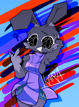 anthro armpit_hair armpit_tuft big_breasts biped black_outline blue_bottomwear blue_clothing blue_shorts body_hair bottomwear breasts cheek_tuft claws clothed clothing dress eyelashes facial_tuft female floppy_ears fur gesture grey_body grey_fur hand_gesture hands_behind_head inner_ear_fluff open_mouth outline pawpads pointing purple_clothing purple_dress question_mark shorts side_boob small_waist solo standing thick_thighs tuft wide_hips ikarapopsicle vib-ribbon vibri lagomorph leporid mammal rabbit 2023 cel_shading digital_drawing_(artwork) digital_media_(artwork) hi_res portrait shaded signature three-quarter_portrait