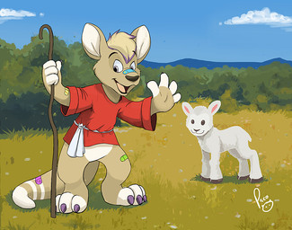 anthro band-aid band-aid_on_face bandage bandage_on_face beady_eyes blue_sky bottomless brown_body brown_eyes brown_fur brown_hair clothed clothing cloud day duo featureless_crotch feral fur grass hair holding_object holding_staff logo male mouth_closed multicolored_hair open_mouth open_smile outside plant purple_hair red_clothing red_topwear shrub sky smile staff standing topwear two_tone_hair white_body white_fur wool_(fur) young young_anthro young_feral young_male pandapaco kangaroo macropod mammal marsupial artist_logo signature