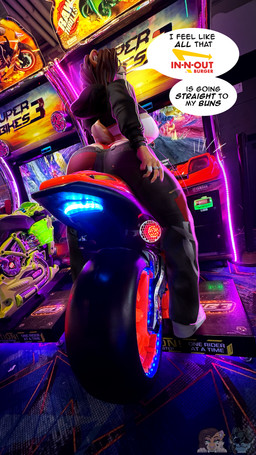 5_fingers anthro arcade big_breasts big_butt blue_body blush bottomwear breasts brown_hair butt butt_jiggle clothed clothing container detailed_background female female_anthro fingers footwear green_eyes hair handwear jacket jiggling legwear looking_at_viewer looking_back mooning motorcycle neon night nub_tail playing public public_exposure shoes smile solo speech_bubble tail teasing text thick_thighs thong topwear underwear vehicle bexx mixedtoofer toofer domestic_cat felid feline felis lion mammal pantherine prehistoric_species saber-toothed_tiger tabby_cat tiger 3d_(artwork) absurd_res colorful_theme digital_media_(artwork) draw_over english_text hi_res photography_(artwork)
