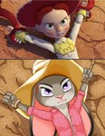 anthro bdsm blonde_hair bondage bound clothed clothing female flannel flannel_shirt fur green_eyes grey_body grey_fur hair hands_tied hat headgear headwear purple_eyes restraints solo wrists_tied lettherebecolor disney pixar toy_story zootopia jessie_the_yodeling_cowgirl judy_hopps lagomorph leporid mammal rabbit absurd_res digital_media_(artwork) hi_res meme redraw