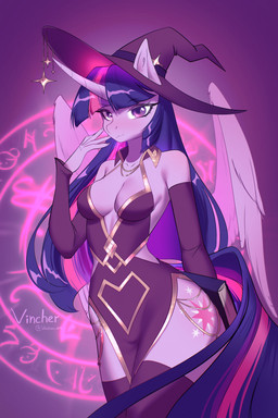 anthro biped breasts clothed clothing eyelashes female hair hat headgear headwear horn legwear looking_at_viewer mouth_closed pupils purple_body simple_background solo standing tail thick_thighs thigh_highs three-quarter_view wings witch_hat vincher friendship_is_magic hasbro my_little_pony mythology twilight_sparkle_(mlp) equid equine mammal mythological_creature mythological_equine winged_unicorn 2025 2:3 absurd_res hi_res
