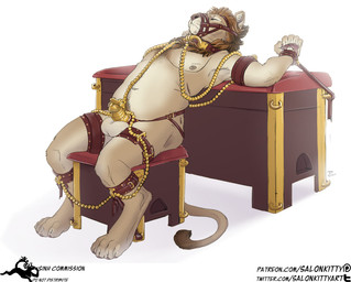animal_genitalia ankle_cuffs anthro armband balls bdsm bondage bound chastity_cage chastity_device collar cuff_(restraint) eyes_closed genitals gold_(metal) gold_chastity_cage gold_chastity_device gold_jewelry jewelry leather leather_cuffs legband male muzzle_(object) muzzled paws restraints sheath solo submissive submissive_male text wrist_cuffs salonkitty felid lion mammal pantherine url