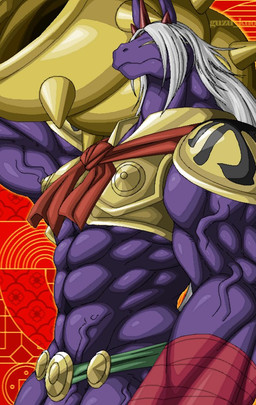 anthro armor biceps clothing conch crop_top flaccid genitals hair male midriff muscular muscular_anthro muscular_male pecs penis penis_base purple_body shirt solo topwear vein veiny_muscles veiny_penis white_hair guzu_kuo bandai_namco digimon digimon_(species) indramon