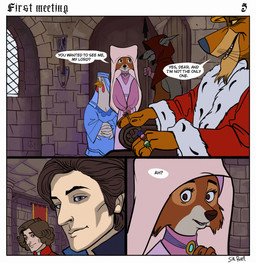 anthro banner brooch clasped_hands clothing crown dialogue door ears_flat female gem group guard guard_position headdress headgear holding_melee_weapon holding_object holding_polearm holding_spear holding_weapon inside male melee_weapon narrowed_eyes nobleman open_door polearm ring robe sitting spear standing stone_wall text torch wall_(structure) weapon whiskers window winged_arms wings wood wood_door sir_paulus disney robin_hood_(disney) lady_kluck maid_marian pavel_(sir_paulus) prince_john avian bird canid canine canis chicken felid feline fox galliform human lion mammal pantherine phasianid wolf comic english_text hi_res