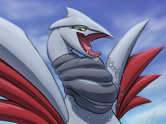 ambiguous_feral ambiguous_gender ambiguous_pred beak bodily_fluids cloud day detailed_background feral feral_pred gulp_(sound_effect) half-closed_eyes larger_pred long_neck metallic_body motion_lines narrowed_eyes neck_bulge open_mouth oral_vore outside saliva saliva_on_tongue saliva_string silver_body size_difference sky skyscape solo sound_effects spread_wings swallowing teeth text toothed_beak unseen_prey vore wings yellow_sclera akins nintendo pokemon avian generation_2_pokemon pokemon_(species) skarmory 2026 4:3 absurd_res artist_name bust_portrait cel_shading dated hi_res portrait shaded