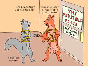 animal_genitalia anthro balls dialogue door duo female fur genitals grey_body grey_fur harness harness_only inside male nude nude_male open_mouth orange_body orange_fur sheath sign standing tail text wearing_harness urbanhermit mammal rodent sciurid tree_squirrel 2000 4:3 dated english_text
