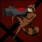 2014 anthro balls cevelt erection genitals guardians_of_the_galaxy hi_res holding_object holding_weapon humanoid_genitalia humanoid_penis male mammal marvel nude penis procyonid raccoon rocket_raccoon simple_background solo weapon