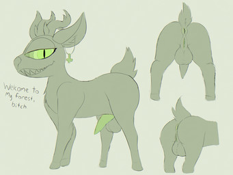 animal_genitalia animal_penis backsack balls bedroom_eyes big_balls butt cervine_genitalia cervine_penis cross ear_piercing ear_ring feral genitals glowing glowing_eyes green_eyes green_penis herm hooves intersex inverted_cross maleherm narrowed_eyes penis piercing presenting presenting_hindquarters profanity quadruped raised_tail rear_view ring_piercing seductive side_view smile solo tail teeth text creature_sp 4:3 english_text hi_res sketch_page