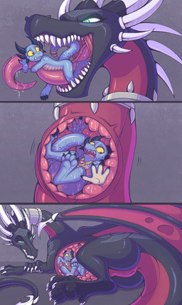 4_fingers 4_toes 5_toes 6_horns accessory anthro anthro_prey anus back_wings biped black_body black_claws black_freckles black_horn black_scales black_tail black_wings blue_body blue_scales bodily_fluids claws clenched_teeth collar digitigrade duo eyelashes feet female female_feral female_pred feral feral_pred fingers freckled_face freckled_hands freckled_knee freckled_legs freckled_shoulders freckled_tail freckles fully_inside furgonomics genitals glowing glowing_eyes gold_(metal) gold_jewelry gold_necklace gold_ring green_eyes grey_collar grin head_turned horn in_throat inside_stomach jewelry larger_female larger_feral larger_pred looking_down lying male male_anthro male_prey membrane_(anatomy) membranous_wings multi_horn multicolored_body multicolored_scales neck_bulge necklace nude nude_anthro nude_male on_side on_tongue open_mouth oral_vore organs pink_tongue pupils purple_body purple_eyes purple_membrane purple_scales purple_tail purple_wings ring saliva saliva_on_tongue scales sharp_teeth size_difference slit_pupils smaller_anthro smile snout stomach tail tail_accessory tail_anus tail_jewelry tail_ring tapering_tail teeth toe_claws toes tongue tongue_out two_tone_body two_tone_scales two_tone_tail two_tone_wings ventral_scales vore vulva white_body white_claws white_horn white_scales wide_eyed wings x-ray_view yellow_sclera bluestripedrenulian activision european_mythology mythology spyro_the_dragon cynder neldu_nak dragon kobold mythological_creature mythological_scalie scalie western_dragon 2026 absurd_res hi_res sequence