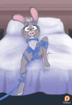 ankle_bow anthro bdsm bed biped blush bondage bound bow_(feature) bow_in_front bow_ribbon breasts crotch_bow female fur furniture nude open_mouth ribbon_bondage ribbons solo under_boob wrist_bow furboz disney zootopia judy_hopps lagomorph leporid mammal rabbit