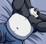 anthro bed belly biceps bottomwear bulge chest_tuft clothed clothing furniture looking_at_viewer male manly musclegut muscular navel nipples on_bed pecs reclining shorts shorts_only slightly_chubby solo topless topless_male tuft albertmg33_(artist) obenpanda bear giant_panda mammal 2024 absurd_res hi_res