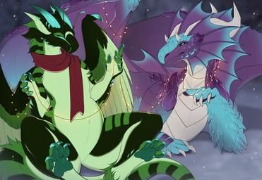 ambiguous_gender anthro biped claws duo feet feral fingers front_view fur horn looking_at_viewer lying male on_front paws scales sitting smile toes wings padjetxharrington mythology dragon mythological_creature mythological_scalie scalie 2026 digital_drawing_(artwork) digital_media_(artwork) hi_res female_(lore)