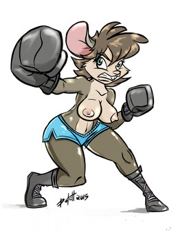 angry anthro areola boots bottomwear boxing boxing_gloves brown_body brown_fur brown_hair buckteeth clenched_teeth clothed clothing collarbone dolphin_shorts eyebrows eyelashes female floating_eyebrows footwear fur hair handwear mostly_nude multicolored_body multicolored_fur navel nipples shoes shorts simple_background solo sport teeth topless two_tone_body two_tone_fur white_background dutch_(artist) isisazza samantha_wilkins mammal mouse murid murine rodent 2015 3:4 hi_res signature