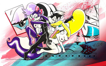 anthro female male male/female sex strapon animaniacs looney_tunes tiny_toon_adventures warner_brothers fifi_la_fume minerva_mink pepe_le_pew mammal mephitid mink mustelid musteline skunk true_musteline
