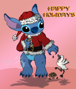 4_fingers 4_toes beak black_body blue_body blue_claws blue_fur blue_nose bread christmas_clothing christmas_headwear claws clothing duo feathers feet fingers food fur happy hat headgear headwear holidays male notched_ear pink_background purple_inner_ear santa_hat semi-anthro simple_background standing toe_claws toes white_body white_feathers lunardragoncreations christmas disney lilo_and_stitch stitch_(lilo_and_stitch) alien anatid anseriform avian bird duck experiment_(lilo_and_stitch) 2020 hi_res