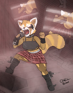 alternative_fashion anthro boots bottomwear breasts clothed clothing collar concert female fishnet_clothing fishnet_topwear footwear punk screaming shoes skirt solo spiked_collar spikes stage topwear torn_clothing blokfort aggretsuko sanrio retsuko ailurid mammal red_panda