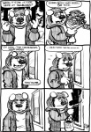 anthro clothed clothing dialogue inside male offscreen_character outside paint simple_background solo speech_bubble text white_background eryshe twiggy inkbunny canid canine canis domestic_dog mammal absurd_res black_and_white comic english_text greyscale hi_res monochrome