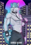 anthro belt biceps blue_body blue_fur bottomwear bulge city cityscape clothed clothing collar fingerless_gloves fur gloves hair handwear leash leashed_collar looking_at_viewer male muscular muscular_anthro muscular_male neon_lights nipples pants pecs pink_nipples pose simple_background solo standing tail topless topless_male pistacho brand_new_animal studio_trigger shirou_ogami canid canine canis mammal wolf absurd_res digital_media_(artwork) hi_res pinup