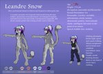 anthro biped black_clothing black_shirt black_topwear bottomwear breasts clothed clothing denim denim_bottomwear denim_clothing female fully_clothed genitals hair jeans nipples nude off/on pants pink_eyes purple_background purple_hair pussy shirt simple_background solo standing text topwear snowleandre_(artist) leandre_snow felid mammal pantherine snow_leopard 2015 english_text model_sheet