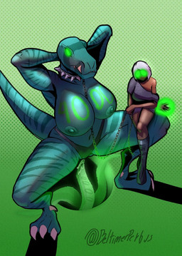 anthro chain collar crouching duo female female/female larger_female larger_penetrated magic_user mind_control penetration size_difference tentacles thick_thighs vaginal vaginal_penetration voluptuous_anthro voluptuous_female wide_hips beltimerperbus primal_(series) fang_(primal) hi_res