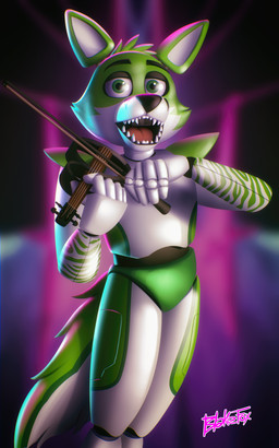 alternative_fashion anthro black_nose bowed_string_instrument fur glamrock green_body green_eyes green_fur hair machine male musical_instrument open_mouth simple_background smile solo string_instrument tongue violin white_body white_fur blakefox five_nights_at_freddy's scottgames fidget_the_fox canid canine fox mammal robot 2022 5:8 absurd_res digital_media_(artwork) hi_res signature