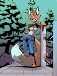 anthro big_tail bottomwear breasts clothing denim denim_bottomwear denim_clothing eyes_closed female fluffy fur jeans nipples orange_body orange_fur pants paws plant solo tail text tongue tongue_out tree copymirror canid canine fox mammal 3:4 absurd_res english_text hi_res