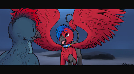 ambiguous_gender beak black_border border collar dancing duo feathered_wings feathers feral flirting fur hair movie_reference multicolored_hair name_tag open_mouth quadruped raised_tail red_body red_feathers simple_background smile tail tongue wings year miramore mythology eris_bird avian gryphon mammal mythological_avian mythological_creature 2021 absurd_res dated digital_media_(artwork) hi_res meme signature nonbinary_(lore)