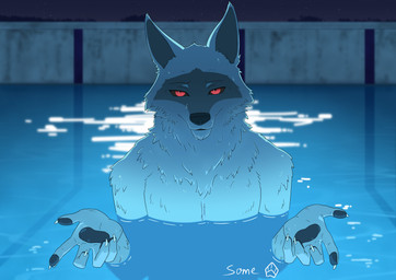 anthro backlighting chainsaw claws ears_up facial_markings front_view fur fur_markings glistening grey_body grey_fur head_markings light light_reflection looking_at_viewer male markings night nude outside partially_submerged pawpads paws plant pool power_tool reaching_out red_eyes reflection solo standing standing_in_water star stare swimming_pool tools tree water water_drop water_reflection wet wet_body wet_fur some_(someone) dreamworks i'll_teach_you_everything_(chainsaw_man) puss_in_boots_(franchise) death_(puss_in_boots) canid canine canis mammal wolf absurd_res hi_res lighting