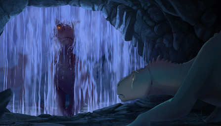 ambiguous_gender beak cave darkness duo earhole feral glowing glowing_eyes green_body green_scales hiding horn inside male outside purple_body purple_scales raining red_body red_scales scales scared shadow sharp_teeth silhouette size_difference solo spikes spikes_(anatomy) tan_body tan_scales teeth water waterfall wet seasaltshrimp_(artist) dinosaur_(disney) aladar abelisaurid carnotaurus dinosaur iguanodon iguanodontian iguanodontid ornithischian ornithopod prehistoric_species reptile saurischian scalie theropod