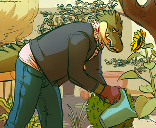 anthro bent_over big_tail blush bottomwear clothing denim denim_bottomwear denim_clothing flower gardening gloves handwear jacket jeans kerchief looking_at_viewer male neckerchief neckwear pants plant plant_pot potted_plant smile solo standing sunflower tail topwear tree watering_can joebluefox alligator alligatorid crocodilian reptile scalie