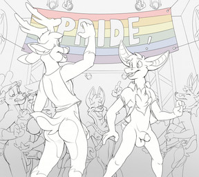 anthro antlers balls bat_ears bat_tail big_breasts bottomless bottomless_anthro bottomless_male bottomwear breasts butt clothed clothing erection female flag fur genitals grope group horn humanoid_genitalia humanoid_penis lgbt_pride male male/female male/male miniskirt nipples nude nude_anthro nude_female nude_male open_mouth party penis pride_color_flag pride_colors rainbow_pride_colors shirt six-stripe_rainbow_pride_colors skirt smile tail tank_top topwear furfragged lgbt_pride_month frag_(furfragged) liberty_(furfragged) sino_(furfragged) turo_of_akesh bat canid canine canis deer desert_long-eared_bat mammal wingless_bat digital_media_(artwork) hi_res monochrome brother_(lore) incest_(lore) sibling_(lore)