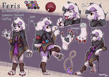 accessory anthro claws clothed clothing finger_claws floppy fully_clothed fur hair hair_accessory jewelry leaning leg_wrap long_hair looking_at_viewer male neck_tuft necklace pawpads potion_bottle pouch_(clothing) presenting purple_body purple_fur ring_(jewelry) robe short_tail simple_background smile solo standing tail text toe_claws tongue tongue_out tuft wave white_hair tauphie nintendo pokemon pokemon_mystery_dungeon spike_chunsoft fan_character feris_(ferislycan) generation_5_pokemon generation_7_pokemon hybrid lycanroc pokemon_(species) zoroark absurd_res english_text hi_res model_sheet
