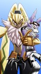 anthro belt clothed clothing duo fluffy_chest fur grey_body grey_fur long_ears male one_eye_closed ponytail_ears smile topless wink yellow_body yellow_fur no_idea bandai_namco digimon digimon_(species) lagomorph leporid mammal rabbit strabimon symbareangoramon 9:16 absurd_res hi_res