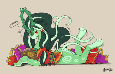 asian_clothing book butt clothing crossed_legs east_asian_clothing eyeliner feet female feral geisha green_body hair jade_(nakoo) japanese_clothing long_hair looking_at_viewer lying makeup paws pillow reading solo naika nintendo pokemon generation_2_pokemon legendary_pokemon pokemon_(species) suicune colored_sketch hi_res sketch