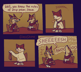 ambiguous_gender anthro card card_game chair chest_tuft cloak clothing dialogue eyes_closed flower_in_ear fur furniture gaming gesture group hand_gesture holding_object howl impressed kerchief kerchief_only lighter_belly mostly_nude neckerchief neckerchief_only neckwear on_chair pointing pointing_at_another sigh sitting sitting_on_chair speech_bubble strip_poker surprised text tie_only trio tuft undressing white_body white_fur glassshine steve_(glassshine) canid canine canis domestic_cat domestic_dog felid feline felis fox mammal 2026 comic english_text signature