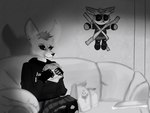 anthro big_ears big_eyes blank_stare bottomwear burger clothed clothing dark_clothing disgust duo eating female food frown fur furniture grey_background humor on_wall silly simple_background sitting skirt smile sofa tape taped_to_wall text adlerokonma jvnosacrifice buried_you_at_makeout_creek nat_mescudi animal_humanoid canid canine canis fennec_fox fox humanoid mammal mammal_humanoid true_fox 2022 absurd_res black_and_grey black_and_white digital_drawing_(artwork) digital_media_(artwork) english_text greyscale hi_res meme monochrome shaded widescreen