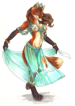 anklet anthro belly_dancer bracelet breasts brown_hair clothed clothing dancing feet female fur hair harem harem_outfit hindpaw jewelry looking_at_viewer midriff navel pawpads paws simple_background solo tail translucent translucent_clothing veil white_background white_body white_fur caribou_(artist) canid canine fox mammal 2005