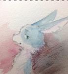 blue_body blue_fur fur looking_at_viewer male smile solo white_body white_fur sayuri_tatsuyama_(artist) happy_happy_clover sayuri_tatsuyama rambler_(happy_happy_clover) lagomorph leporid mammal rabbit official_art painting_(artwork) sketch traditional_media_(artwork) watercolor_(artwork)