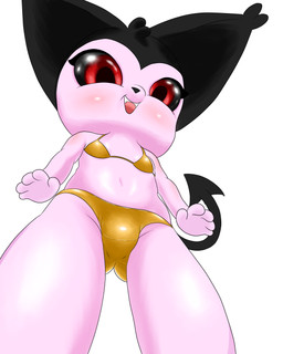 anthro bikini black_body black_fur black_sclera breasts butt butt_from_the_front clothing female fur gold_bikini gold_swimwear kemono loli looking_down low-angle_view navel pink_body pubic_mound red_eyes simple_background small_breasts solo spade_tail swimwear tail two-piece_swimsuit young izzipurrito golden_week izzi_(izzipurrito) felid feline mammal 4:5 absurd_res hi_res