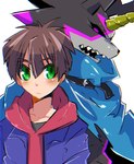 anthro black_body black_sclera blush brown_hair clothing duo glowing glowing_eyes green_eyes hair hoodie horn male topwear im7yx bandai_namco digimon digimon_ghost_game hiro_amanokawa digimon_(species) gulusgammamon human mammal hi_res