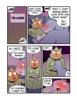 anthro armpit_hair balls bed blush bodily_fluids body_hair clothing cute_fangs dialogue door door_sign dorsal_fin drooling duo erection excited fangs fin full-face_blush fur furniture genitals gills glans green_body green_fur green_hair green_penis grey_body hair heart_symbol humanoid_genitalia humanoid_penis interrupted inviting looking_pleasured lying male male/male mitten_hands moan nipple_fetish nipple_play nipple_suck nipples on_back on_bed one_eye_half-closed penis question_mark removing_shirt saliva saliva_on_chest saliva_string shirt sign six_frame_image speech_bubble sucking sweat tank_top teeth text topwear undressing whiskers white_clothing white_shirt white_topwear wide_eyed t0l0k isaac_(t0l0k) ted_(t0l0k) domestic_cat felid feline felis fish mammal marine shark character_name comic english_text hi_res multiple_scenes