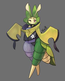 anthro breasts clothing cosplay eyelashes female grey_background jacket leaf looking_at_viewer medium_breasts one_eye_closed red_eyes red_sclera simple_background solo standing thick_thighs topwear wide_hips wink yellow_body yellow_clothing yellow_jacket_(clothing) yellow_skin yellow_topwear yboon nintendo pokemon iono_(pokemon) arthropod generation_5_pokemon leavanny pokemon_(species) 2023 full-length_portrait hi_res portrait